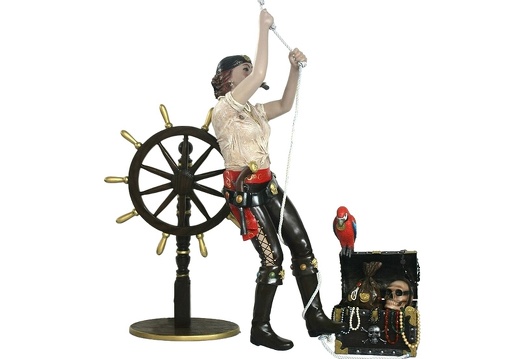 JBP105 LIFE SIZE LADY PIRATE CLIMBING A ROPE LIFE SIZE SHIPS WHEEL TREASURE CHEST 2