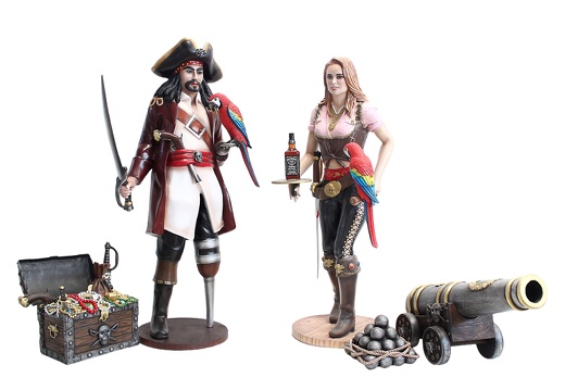 JBP136 LIFE SIZE CAPTAIN HOOK PEG LEG PIRATE BEING SERVED WHISKY BY BLONDE ANNE BONNY PIRATE