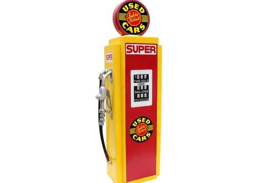 JBA3F149 USED SAFETY TESTED CARS VINTAGE GAS PUMP WITH OPENING DOOR BUILT IN SHELFS YELLOW RED 1