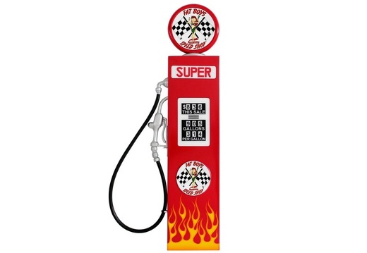 JJ975 FAT BOYS SPEED SHOP WALL MOUNTED VINTAGE GAS PUMP DOOR WITH FLAMES RED