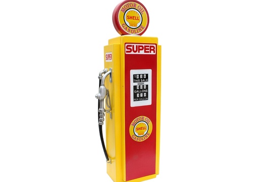 JJ992 SHELL MOTOR OIL GASOLINE VINTAGE GAS PUMP WITH OPENING DOOR BUILT IN SHELFS YELLOW RED 1