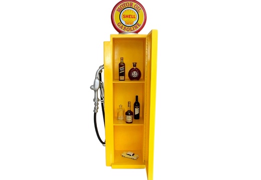 JJ992 SHELL MOTOR OIL GASOLINE VINTAGE GAS PUMP WITH OPENING DOOR BUILT IN SHELFS YELLOW RED 2
