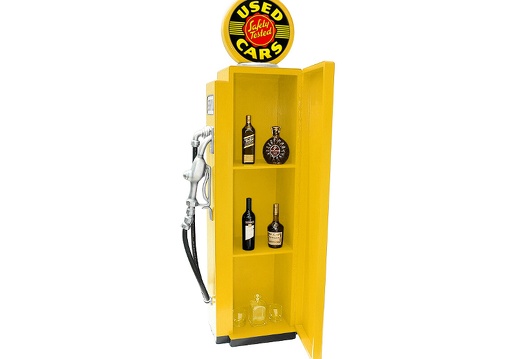 JJ997 USED SAFETY TESTED CARS VINTAGE GAS PUMP WITH OPENING DOOR BUILT IN SHELFS YELLOW 2