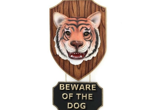 JBAH016D BEWARE OF THE DOG TIGER HEAD ON WOOD EFFECT WALL MOUNT