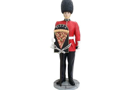 JBH065B BRITISH QUEENS GUARD AT ATTENTION WITH DELICIOUS LOOKING PIZZA SLICE ADVERTISING BOARD