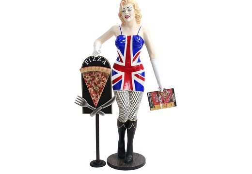JBH076 MARILYN MONROE WEARING BRITISH FLAG DRESS WITH DELICIOUS LOOKING PIZZA SLICE ADVERTISING BOARD