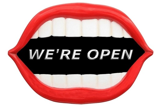 JBTH486 LARGE RED LIPS WHITE TEETH WERE OPEN SIGN BLACK BACKGROUND