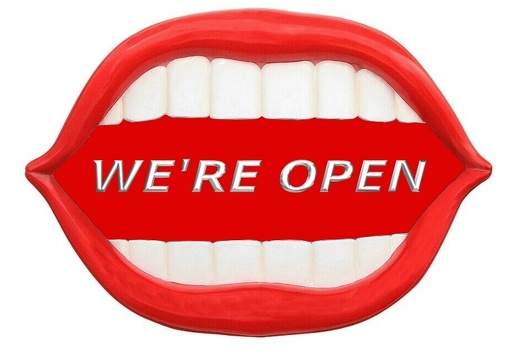 JBTH487 LARGE RED LIPS WHITE TEETH WERE OPEN SIGN RED BACKGROUND