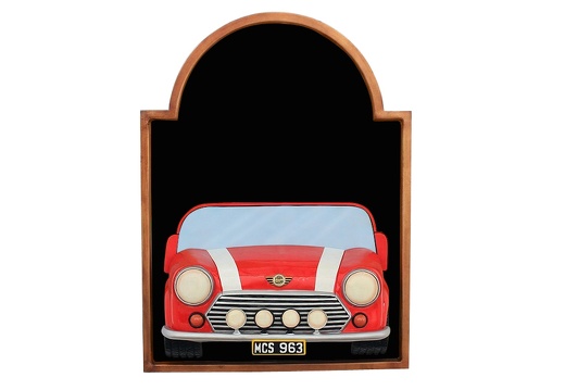JJ507 RED MINI VINTAGE CAR WALL MOUNTED ADVERT DISPLAY BOARD ANY WORDS PAINTED 1