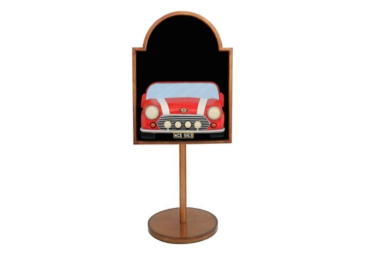 JJ517 RED MINI VINTAGE CAR ADVERT DISPLAY BOARD ON STAND ANY WORDS PAINTED