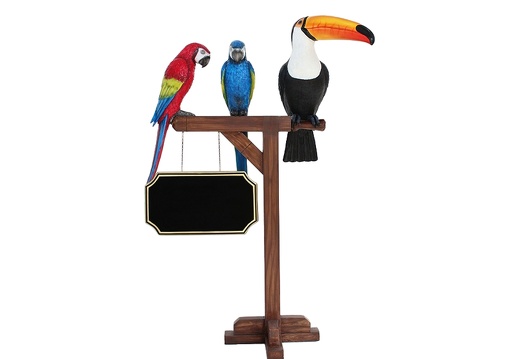 JJ723 TOUCAN BIRD 2 PARROTS ON WOOD STAND ADVERTISING BOARD ANY WORDS PAINTED ON BOARD