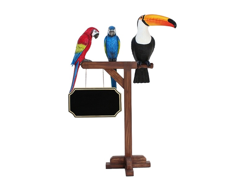 JJ723_TOUCAN_BIRD_2_PARROTS_ON_WOOD_STAND_ADVERTISING_BOARD_ANY_WORDS_PAINTED_ON_BOARD.JPG